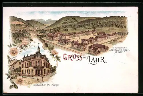 Lithographie Lahr, Restaurant Pius Geiger, Kasernement d. 8. bad. Inf. Regts. No 169
