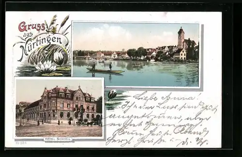 Passepartout-AK Nürtingen, Panorama vom Wasser gesehen, Hotel Schoell