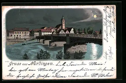 Mondschein-Lithographie Nürtingen, Ortspanorama mit Brücke