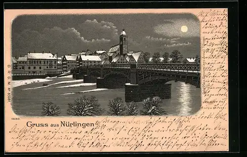 Mondschein-Lithographie Nürtingen, Panorama mit Brücke im Winter