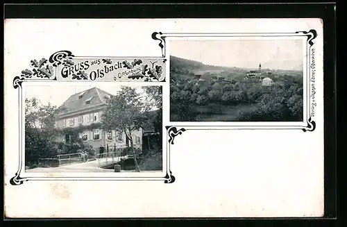 AK Olsbach bei Offenburg, Ortsansicht aus der Ferne, Grosses Haus mit Brücke
