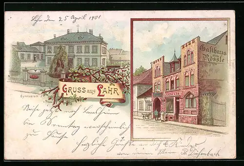 Lithographie Lahr, Gasthaus zum Rössle, Gymnasium v. Preen