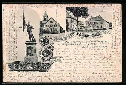 AK Kehl, Festpostkarte zur Enthülllungsfeier des Krieger-Denkmals 1899, Schulhaus Friedens-Eiche und Rathaus