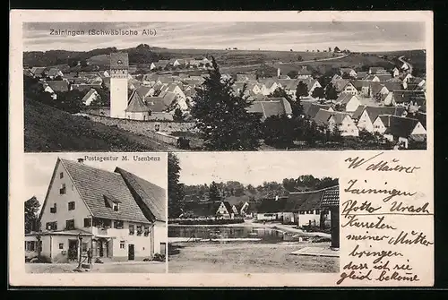 AK Zainingen /Schwäbische Alb, Postagentur M. Usenbenz, Teich, Teilansicht