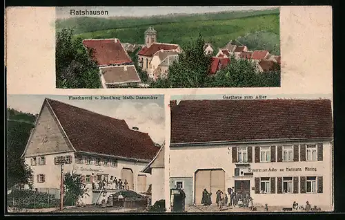 AK Ratshausen, Gasthaus zum Adler, Flaschnerei und Handlung Math. Dannecker, Ortspartie mit Kirche