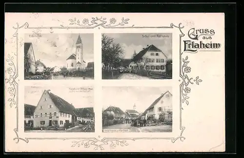 AK Erlaheim, Handlung Steger Witwe und Löwenwirtschaft, Schul- und Rathaus, Hauptstrasse mit Pfarrhaus