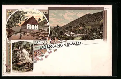 Lithographie Obersimonswald, Gasthof z. Sternen, Zweribachfall, Ortspartie