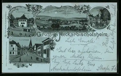 Mondschein-Lithographie Neckarbischofsheim, Hauptstrasse mit Gasthaus, Haushaltungs-Schule, Krieger-Denkmal