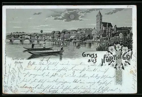 Mondschein-Lithographie Nürtingen, Neckarpartie mit Kirche und Booten