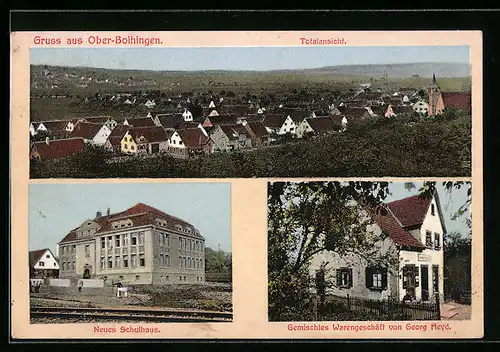 AK Ober-Boihingen, Gemischt-Warengeschäft von Georg Heydt, Neues Schulhaus, Totalansicht