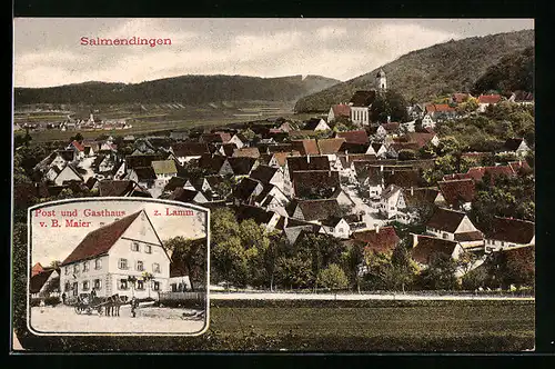 AK Salmendingen, Post und Gasthaus zum Lamm v. B. Maier, Teilansicht mit Kirche