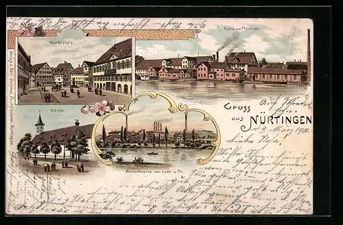 Lithographie Nürtingen, Fabrik von Melchior, Cementwerke von Lude u. Co., Kirche