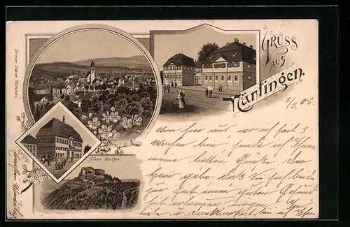 Lithographie Nürtingen, Hohen-Neuffen, Seminar, Brunnen