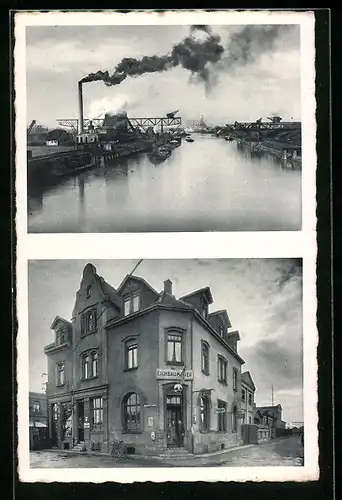 AK Mannheim-Rheinau, Rheinhafen mit Fabrik, Wirtschaft und Kolonialwaren Karl Geissler, Ruhrortstrasse 45