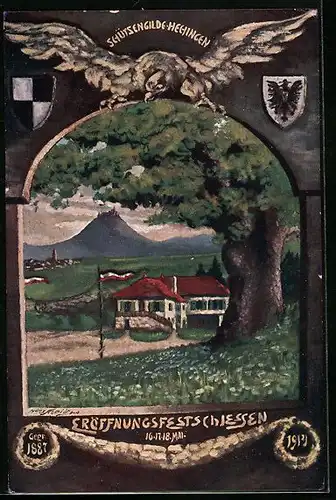 Künstler-AK Hechingen, Eröffnungsfestschiessen der Schützengilde 1914, Aar, Wappen