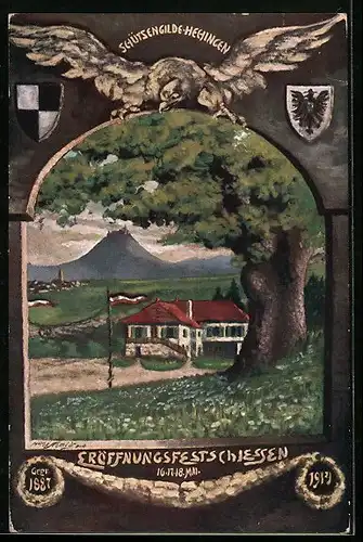 Künstler-AK Hechingen, Eröffnungsfestschiessen der Schützengilde 1914, Aar, Wappen