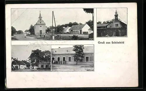 AK Schönfeld, Ortspartie mit Kirche, Gasthof, Strassenpartie