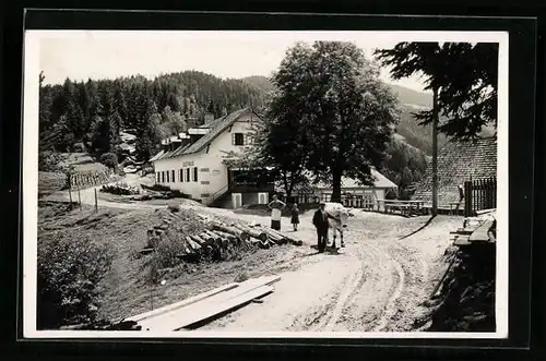 AK Mürzzuschlag, Gasthaus Poldlbauer von der Landstrasse aus, Bauer mit Kuh