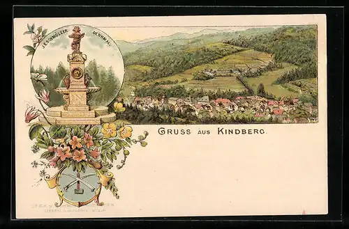 Lithographie Kindberg, Gesamtansicht mit Umgebung aus der Vogelschau, J. E. Schmölzer-Denkmal