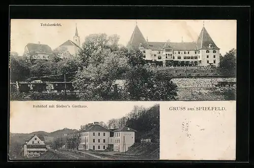 AK Spielfeld, Totalansicht, Bahnhof mit Stelzers Gasthaus