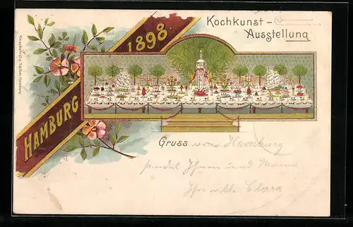 Lithographie Hamburg, Kochkunst-Ausstellung 1898, Buffet mit zubereiteten Speisen