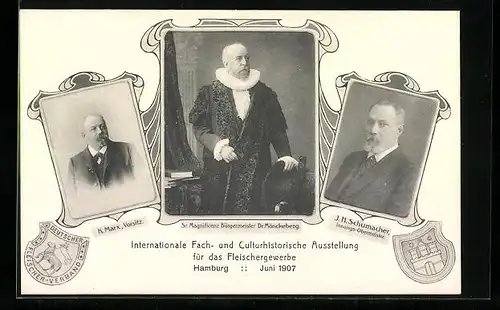 AK Hamburg, Ausstellung für das Fleischer-Gewerbe 1907, Portrait Bürgermeister Mönckeberg, Wappen