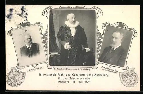 AK Hamburg, Internationale Fach- und Culturhistorische Ausstellung für das Fleischergewerbe 1907, Dr. Mönckeberg, Wappen