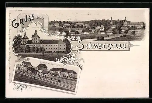 Lithographie Schwarzenau, Schloss, Bahnhof mit Restaurant, Gesamtansicht