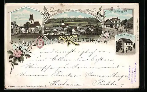 Lithographie Kasten, Kirche und Pfarrhaus, Marktplatz, Geschäftshaus Jos. Knapp