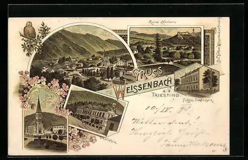 Lithographie Weissenbach a. d. Triesting, Hotel Fuggers Fremdenheim, Herz Jesu Kirche, Gesamtansicht, Ruine Neuhaus