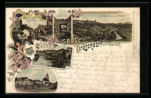 Lithographie Drosendorf a.d. Thaya, Stadtplatz, Teilansicht, Westl. Stadtthor