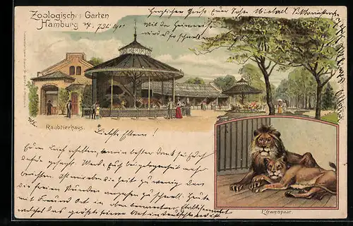 Lithographie Hamburg, Zoologischer Garten, Raubtierhaus, Löwenpaar