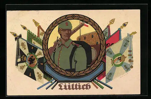 Künstler-AK W.I. unsign.: Lüttich, Soldat in Uniform mit Fahnen, IR 2