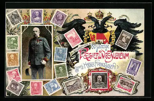 AK Sechzigjährige Regierungs-Jubiläum Sr. Majestät Kaiser Franz-Joseph I., 1848-1908, Briefmarken und Wappen