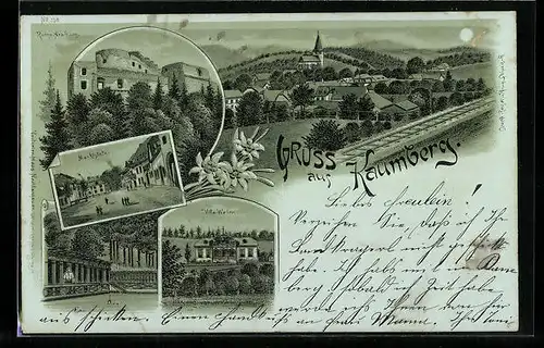 Mondschein-Lithographie Kaumberg, Marktplatz, Villa Weber, Ruine Araburg