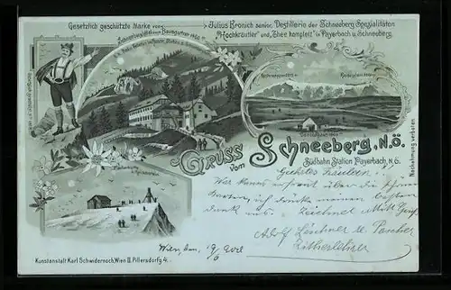 Mondschein-Lithographie Payerbach, Schneeberghotel zum Baumgartner, Destillerie der Schneeberg Spezialitäten Kronich