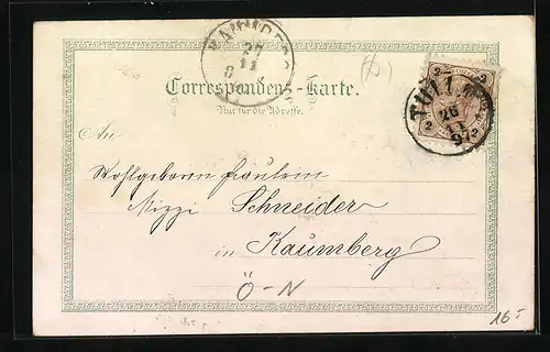 Lithographie Tulln, Totalansicht, Amtshaus, Pfarrkirche, St. Pölthnerthor