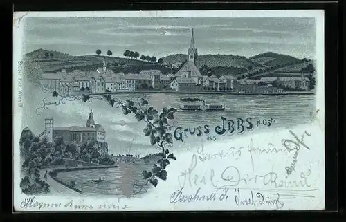 Mondschein-Lithographie Ybbs, Ortsansicht, Dampferpartie