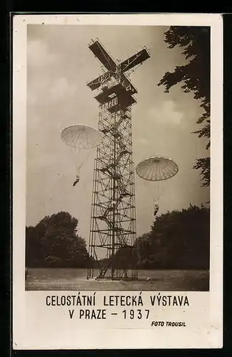 AK Prag, Celostatni Letecka Vystava 1937, Fallschirmsprung vom Turm