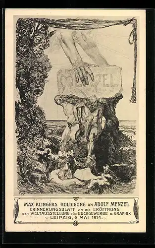 Künstler-AK Ganzsache PP27C249 /03: Leipzig, Weltausstellung für Buchgewerbe u. Graphik 1914, Huldigung an Adolf Menzel