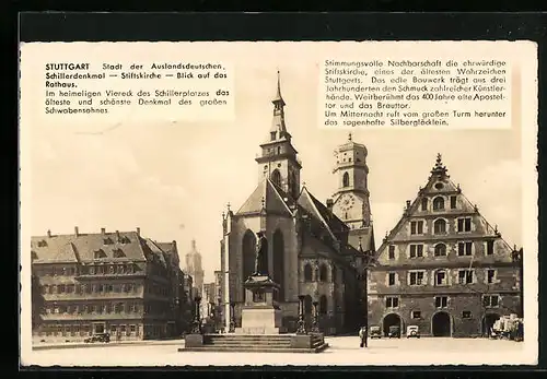 AK Stuttgart, Schillerdenkmal, Stiftskirche und Blick zum Rathaus