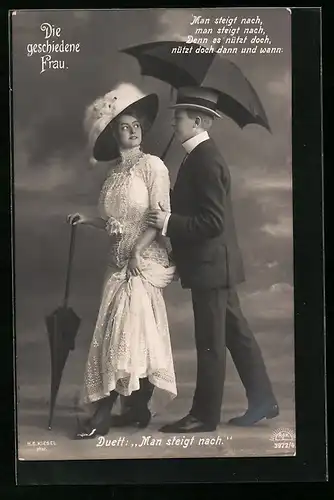 AK Die geschiedene Frau, Operettenszene, Darsteller im Duett: Man steigt nach.
