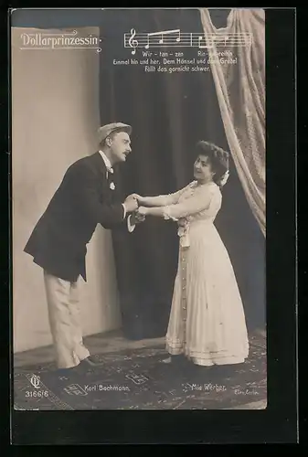 AK Dollarprinzessin, Operettenszene mit Darstellern Karl Bachmann & Mia Werber