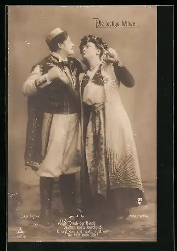 AK Die lustige Witwe, Operettenszene mit Darstellern Käte Hansen & Oskar Aigner