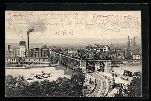 AK Ludwigshafen a. Rh., Strassenbahn an der Brücke, Flusspartie mit Dampfer, Walzmühle aus der Vogelschau