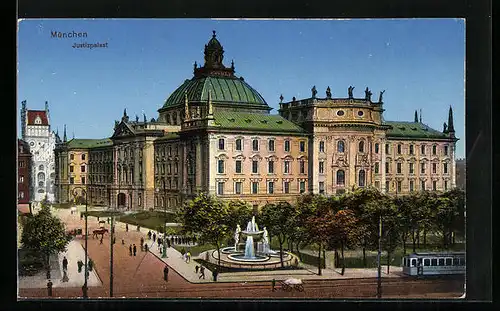 AK München, Strassenbahn am Justizpalast