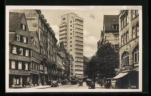 AK Stuttgart, Strassenbahn am Tagblatt-Turmhaus