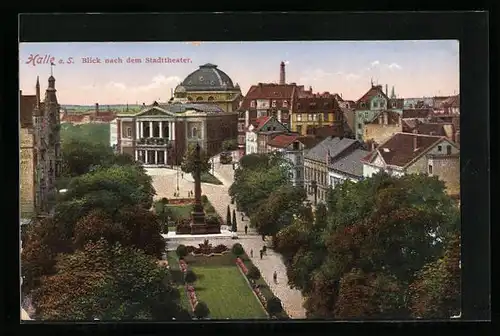 AK Halle a. S., Blick zum Stadttheater, Strassenbahn aus der Vogelschau