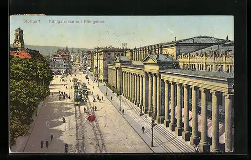 AK Stuttgart, Königstrasse mit Königsbau und Strassenbahn