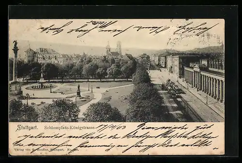 AK Stuttgart, Schlossplatz an der Königstrasse, Blick zur Strassenbahn